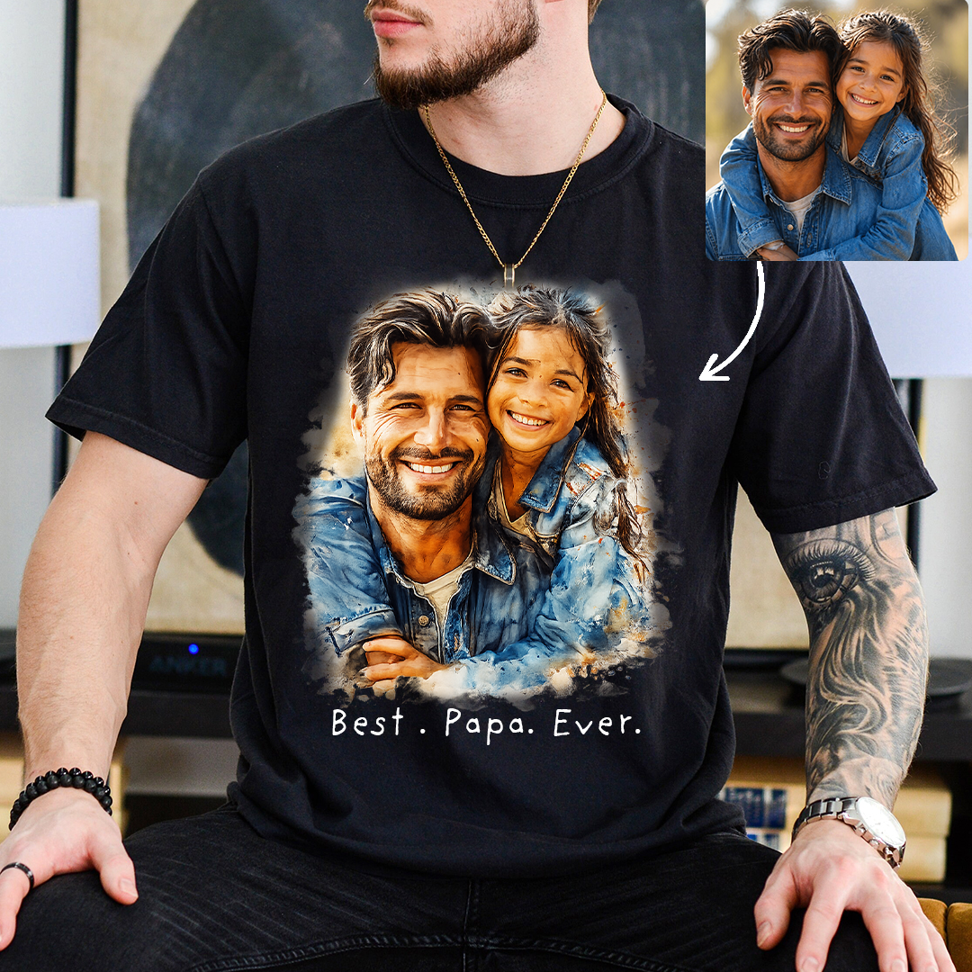 Custom Watercolor Portrait "Best Papa Ever" T-Shirt – Personalized Photo Tee, Father’s Day Gift for Papa