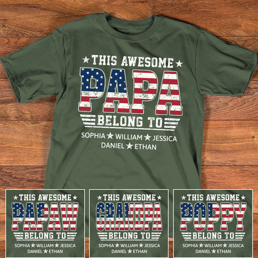 Personalized Patriotic Papa T-Shirt – Custom Grandkids Names Vintage USA Flag Grandpa Tee, Gift for Grandpa
