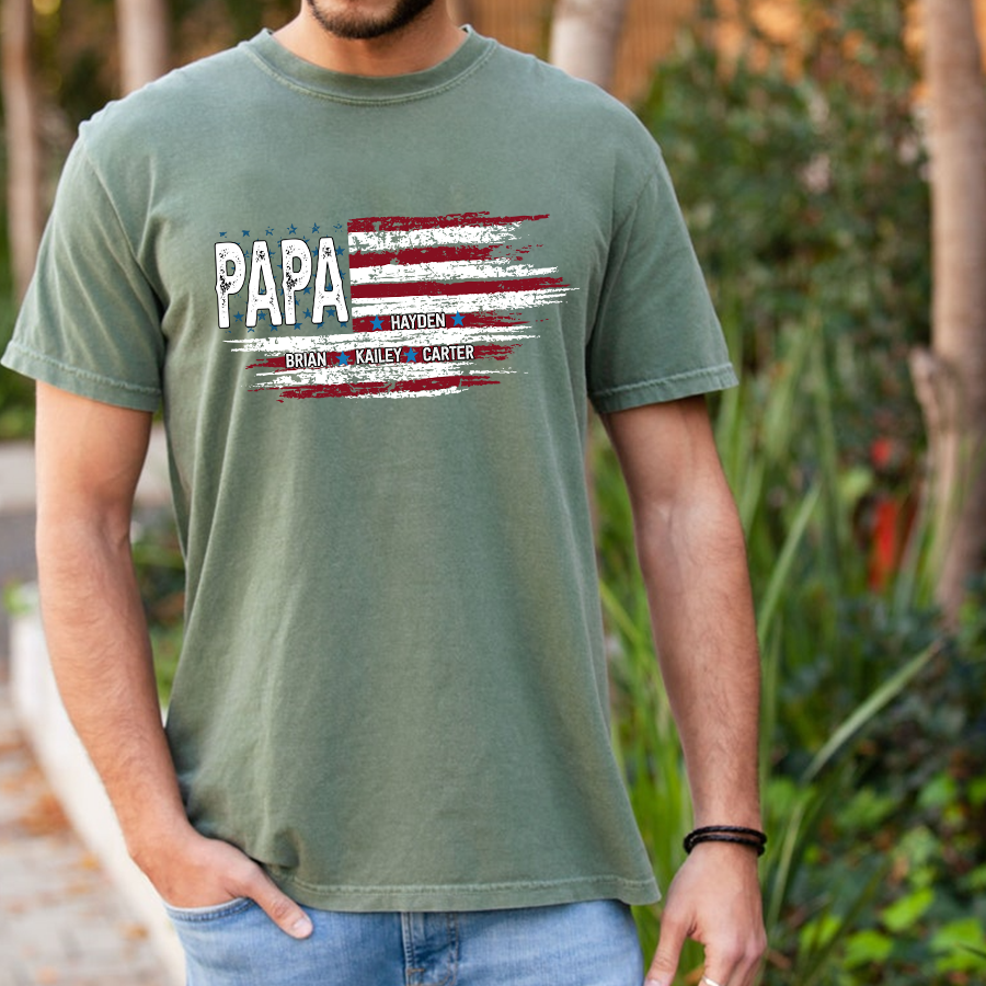 Father’s Day Shirt – Papa and Grandkids American Flag T-Shirt, Personalized Grandpa Tee with Custom Grandkids‘ Names