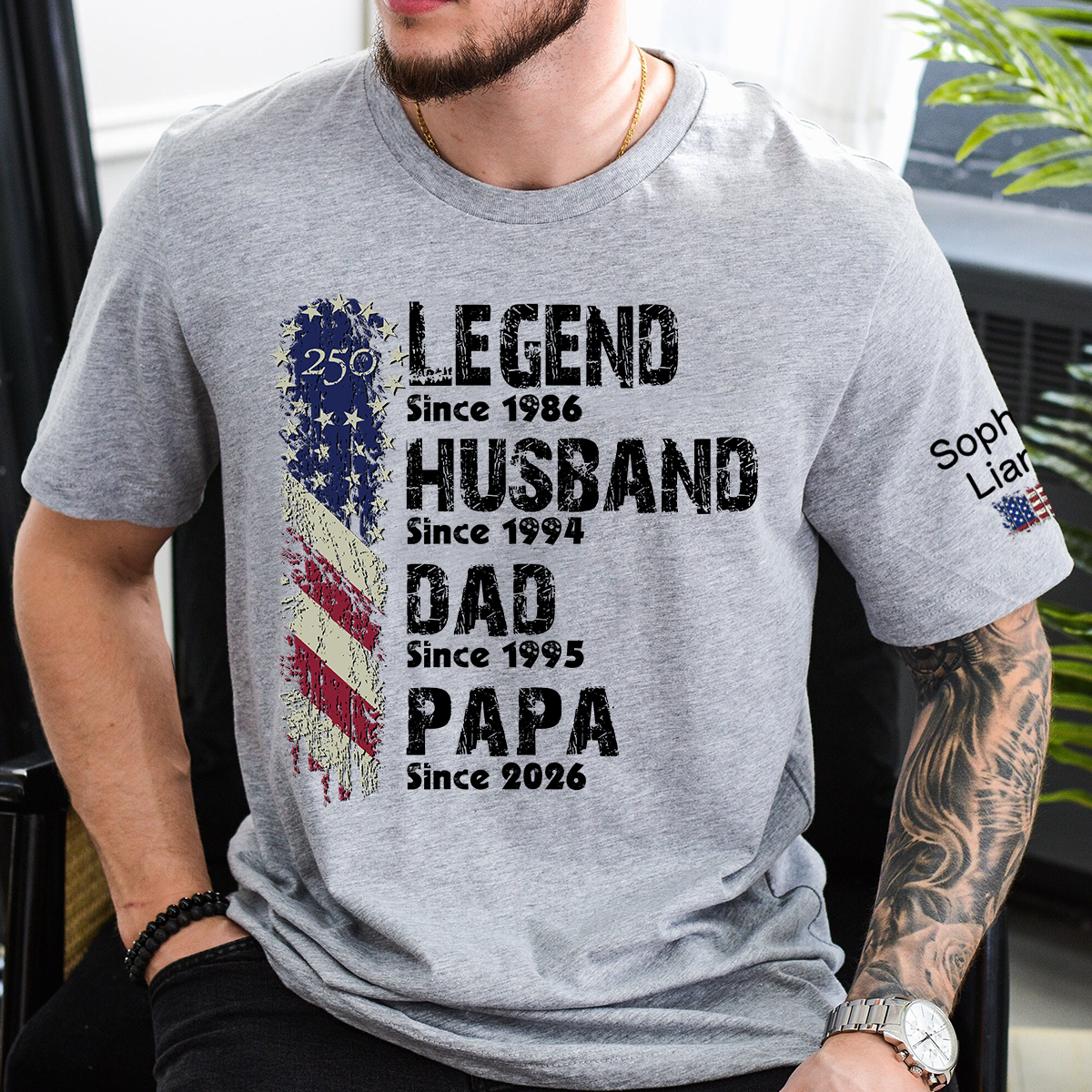 Personalized "Legend Husband Dad Papa Since" T-Shirt – Custom Milestone Dates Tee, Patriotic U.S. 250th Anniversary Gift for Dad/Papa
