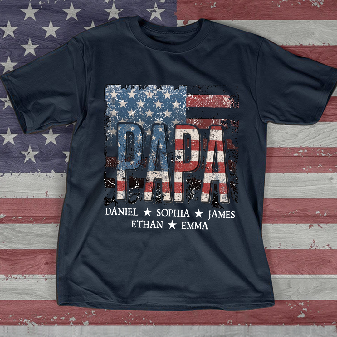 Papa American Flag Custom T-Shirt – Personalized Patriotic Tee with Kids Names, Father’s Day Gift for Grandpa