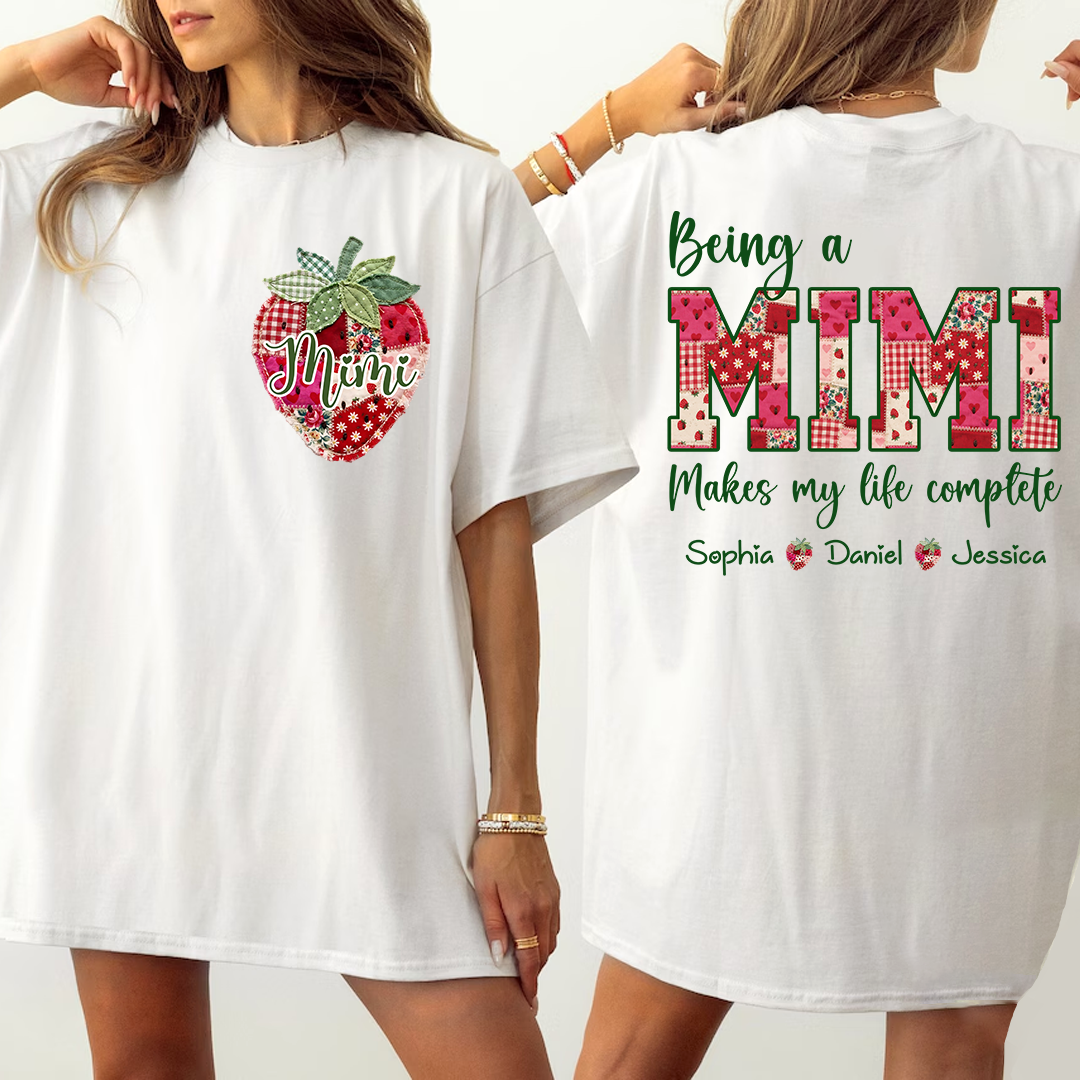 Double-Sided Patchwork Strawberry Mimi T-Shirt | Custom Grandkids Names Vintage Grandma Comfort Colors Tee, Mother’s Day & Summer Gift for Nana Gigi