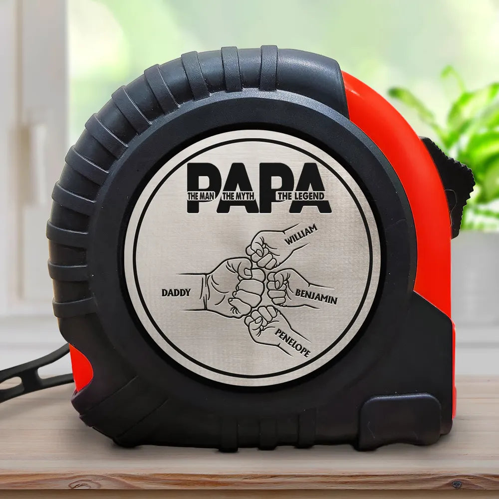 Custom Fist Bump Tape Measure – "Dad The Man The Myth The Legend" Personalized Tool with Kids Names, Father’s Day Gift for Dad