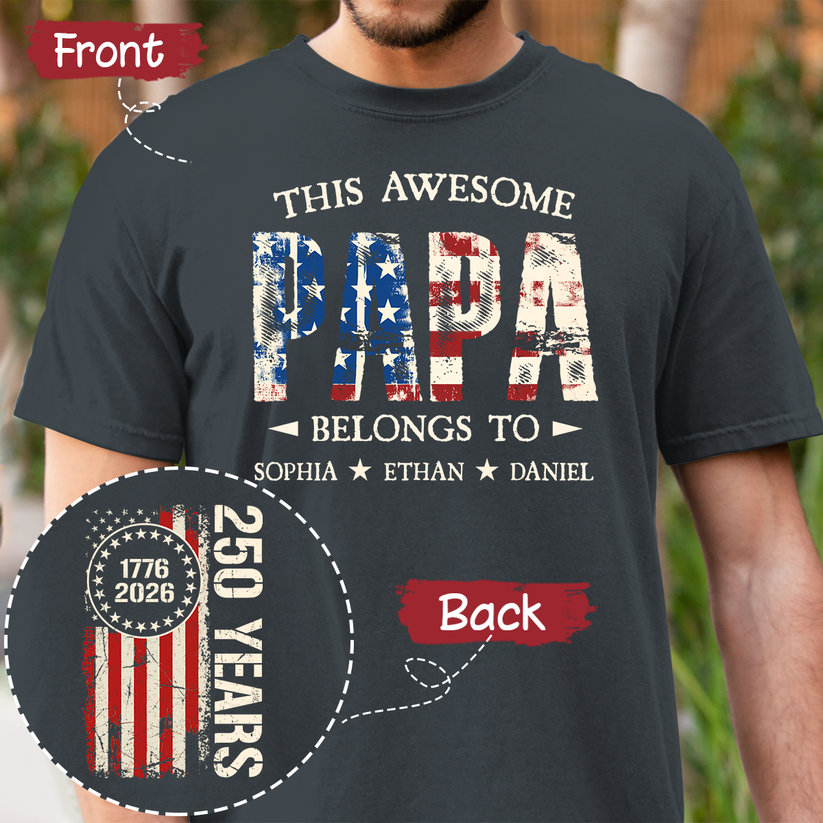 This Awesome Papa Belongs To Custom T-Shirt – Patriotic 250th Anniversary American Flag Tee with Kids Names, Father’s Day Gift for Grandpa