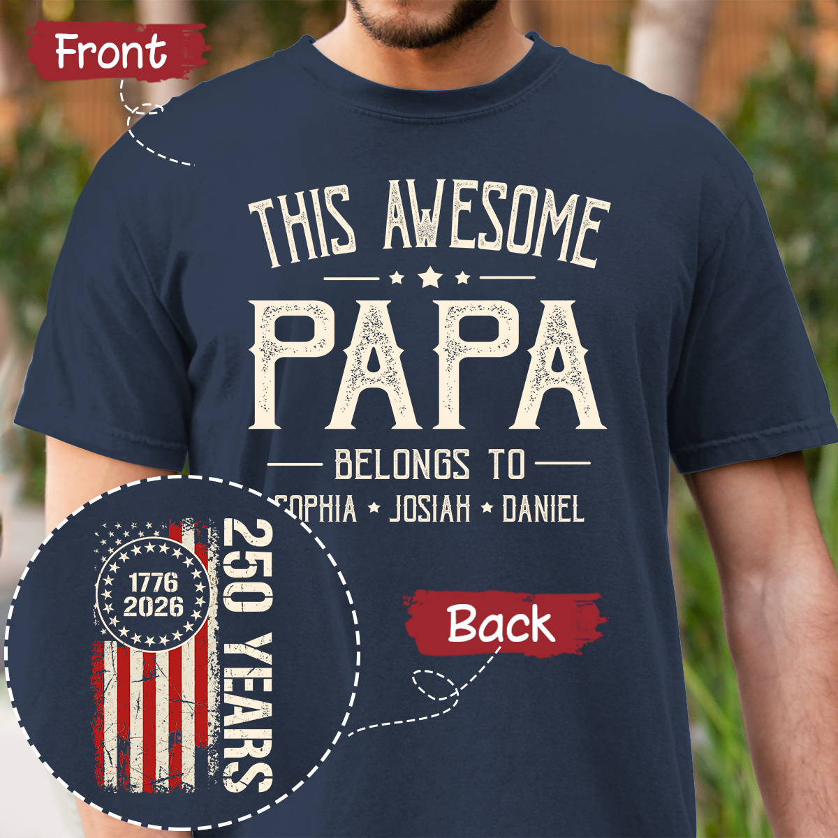 This Awesome Papa Belongs To Custom T-Shirt – Patriotic 250th Anniversary American Flag Tee with Kids Names, Father’s Day Gift for Grandpa
