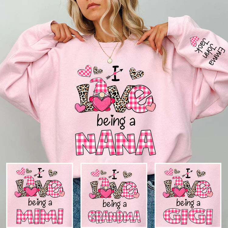 Personalized "I Love Being a Grandma" Gnome Sweatshirt - Custom Grandkids Names Sleeve, Gift for Grandma