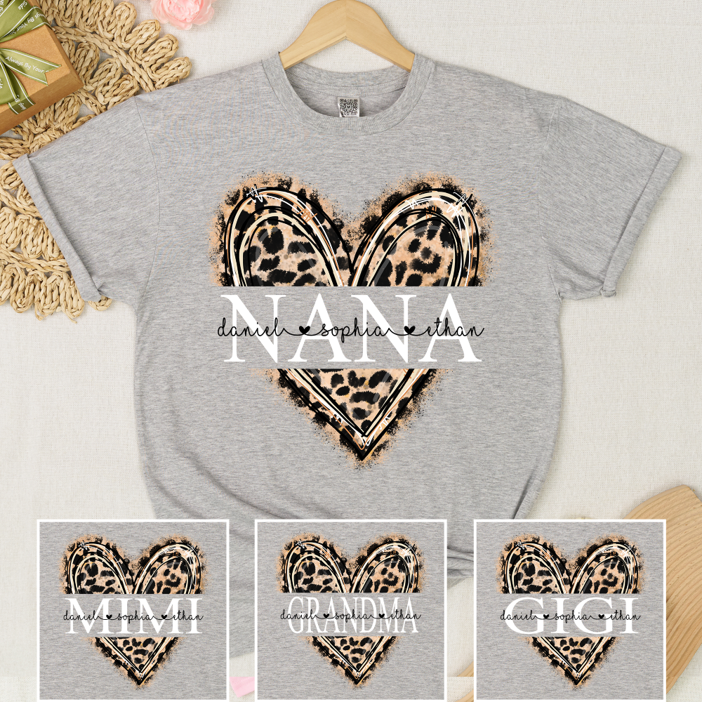 Custom Leopard Heart Nana T-Shirt – Personalized Grandma Gift with Grandkids‘ Names Inside Heart