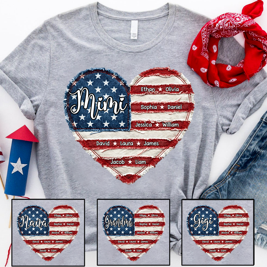 Personalized Mimi T-Shirt – Custom Family Names, American Flag Heart Design, Patriotic Gift for Grandma on Mother’s Day & 4th of July