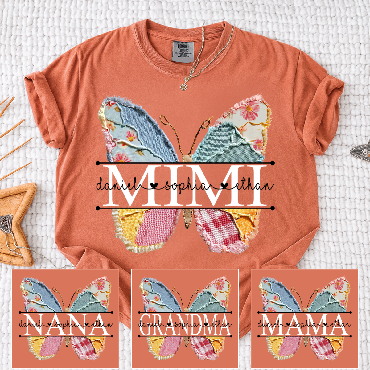 Custom Mimi T Shirt, Floral Butterfly Design with Grandkids Names, Personalized Family Tee