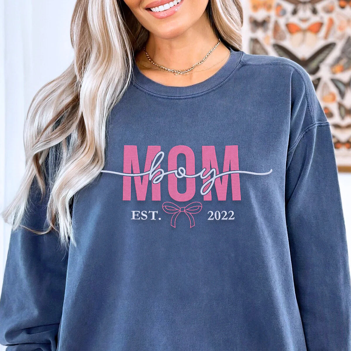 Boy Mom Sweatshirt or Hoodie with Embroidered Names on Sleeve, Custom Gift for Boy Mom