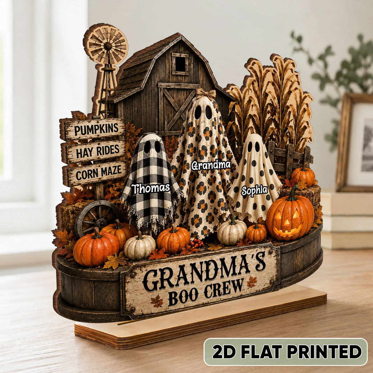 Personalized Grandma’s Boo Crew Wooden Plaque with Grandkids’ Names – 2-Layer Pumpkin Patch Halloween Decor Gift