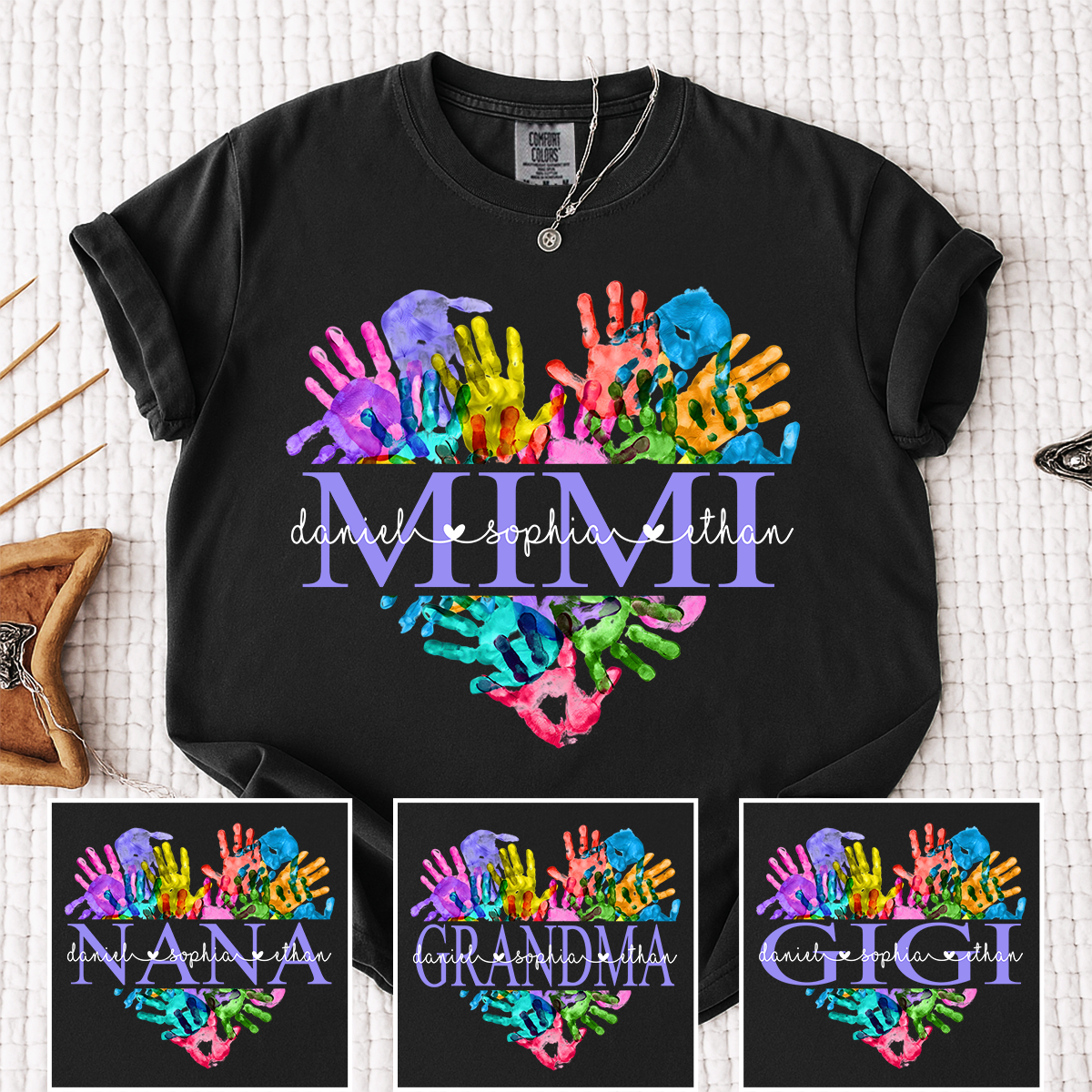 Personalized Mimi T-Shirt – Colorful Handprint Heart Design with Custom Grandkids‘ Names on Sleeve, Grandma Gift