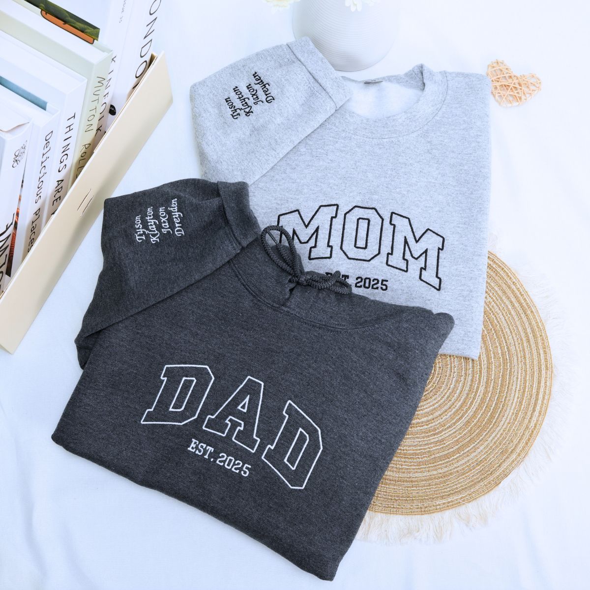Custom Mom and Dad Sweatshirt or Hoodie - Embroidered Gift for Parents with Est Year, Kids Names