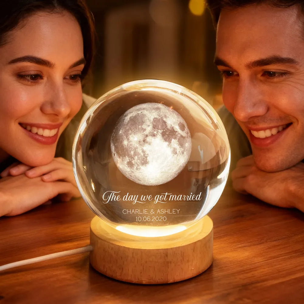Personalized Moon Crystal Ball Night Light - Custom Wedding Date & Names Lamp, Gift for Anniversary
