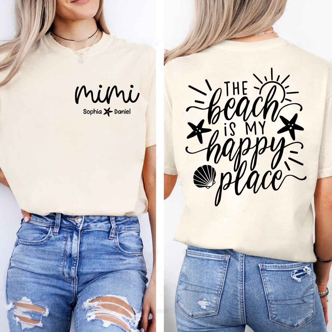 Personalized Mimi The Beach Is My Happy Place T-Shirt – Custom Grandkids Names, Beach Lover Grandma Gift, Summer Vacation Tee for Women