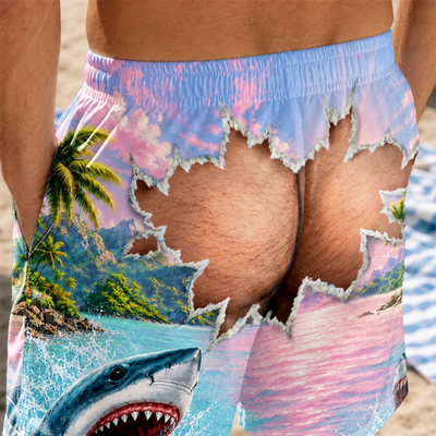 Custom Funny Men’s Swim Trunks with Shark Bite Rear View Illusion – Birthday & Beach Vacation Gift for Him