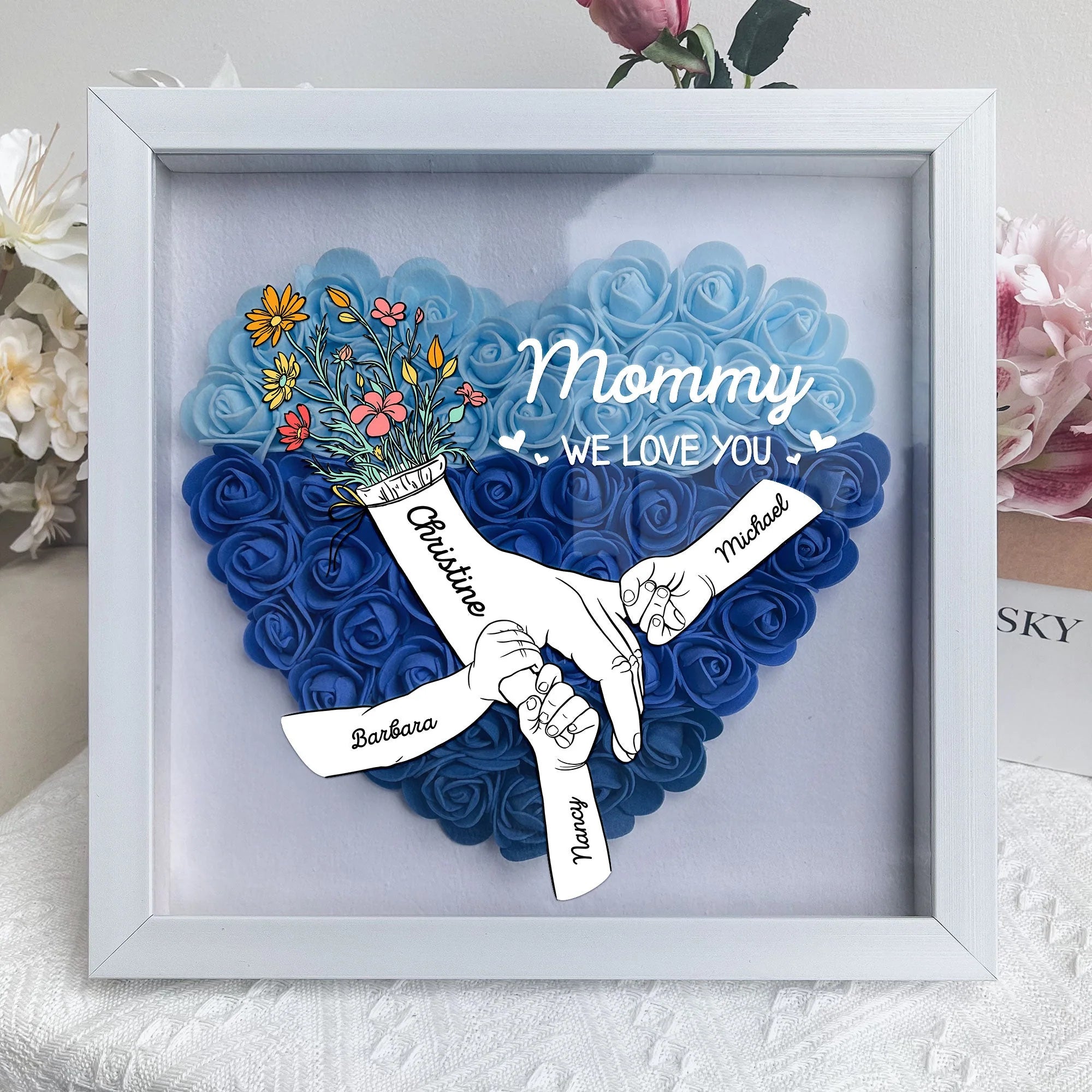 Custom Mommy & Children Holding Hands Flower Shadow Box - Personalized Mother's Day Gift