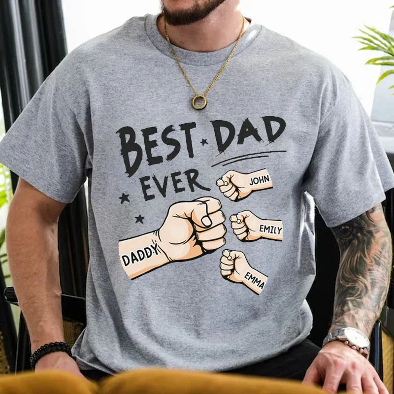 Personalized "Best Dad Ever" T-Shirt - Custom Kids Names Fist Bump Design, Father's Day Gift for Dad
