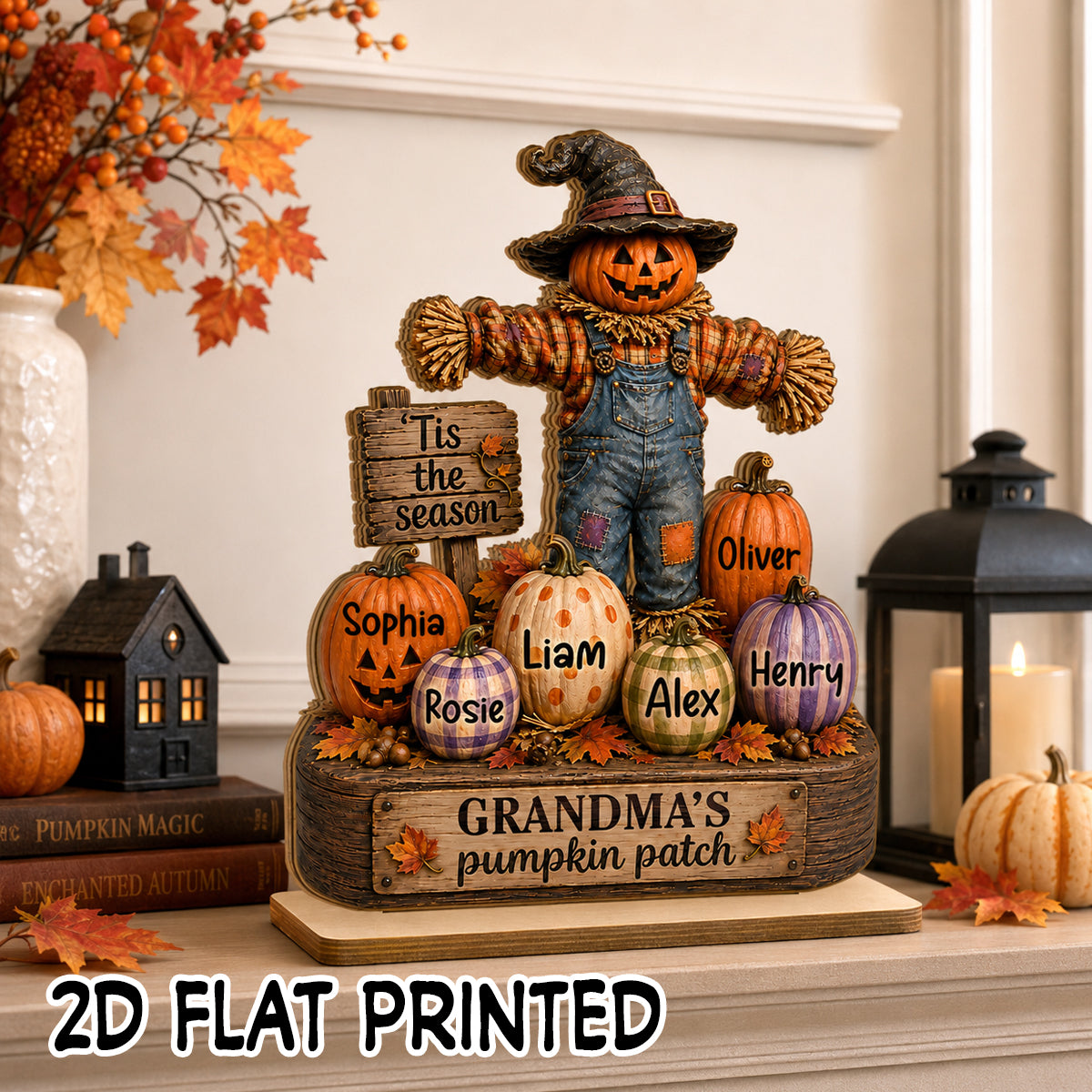 Personalized Grandma’s Pumpkin Patch Wooden Plaque with Grandkids’ Names – 2-Layer Scarecrow Halloween & Fall Decor Gift