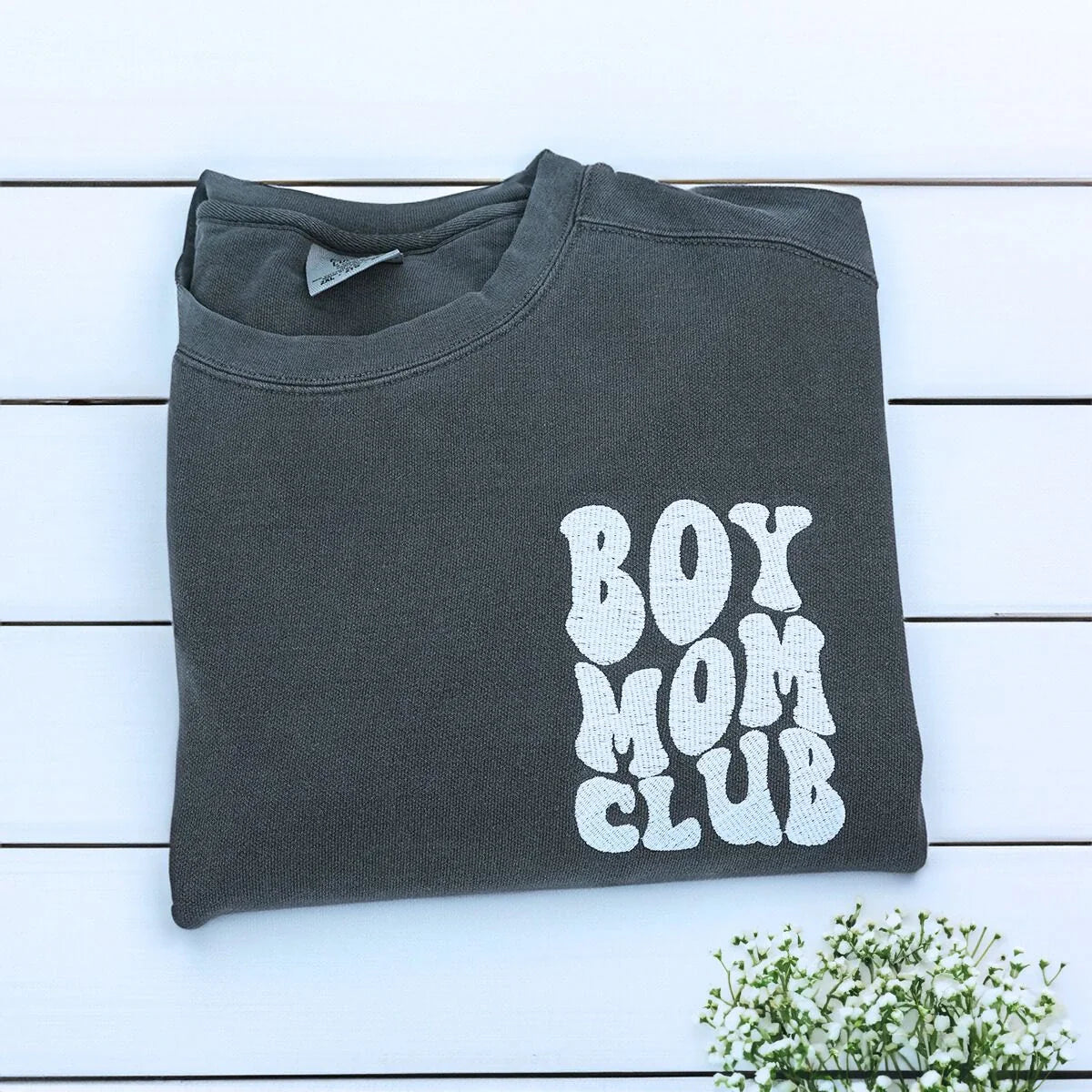Custom Boy Mom Club Sweatshirt with Embroidered Kids Names on Sleeve