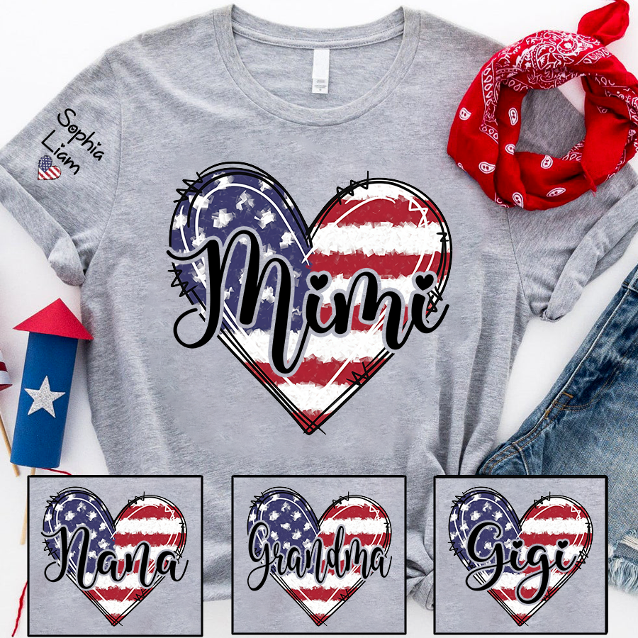 Custom Mimi Patriotic T-Shirt – American Flag Heart Design for Women, 4th of July Grandma Gift, Cute Memorial Day Tee