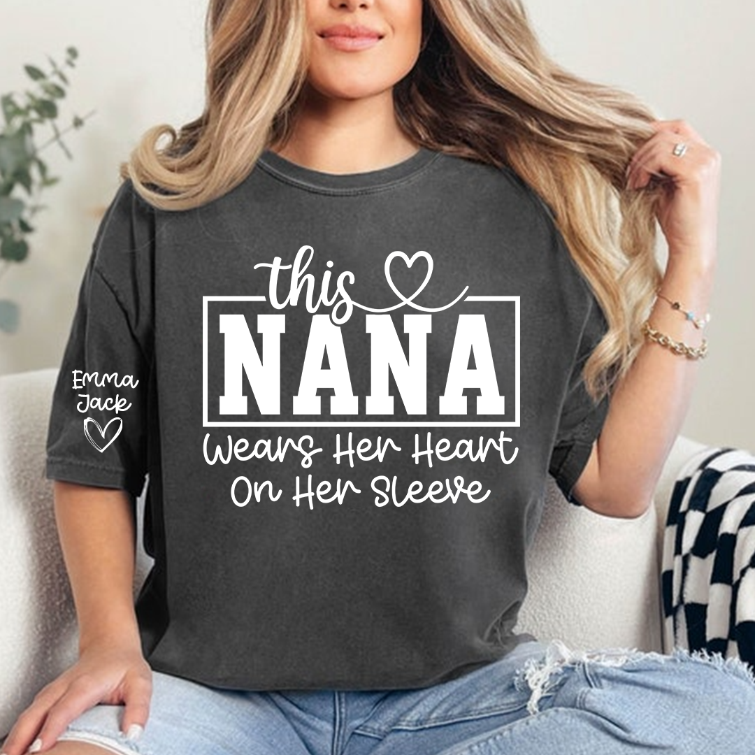 This Grandma Wears Her Heart on Her Sleeve T-Shirt – Personalized Grandkids Names on Sleeve, Family Grandma Gift