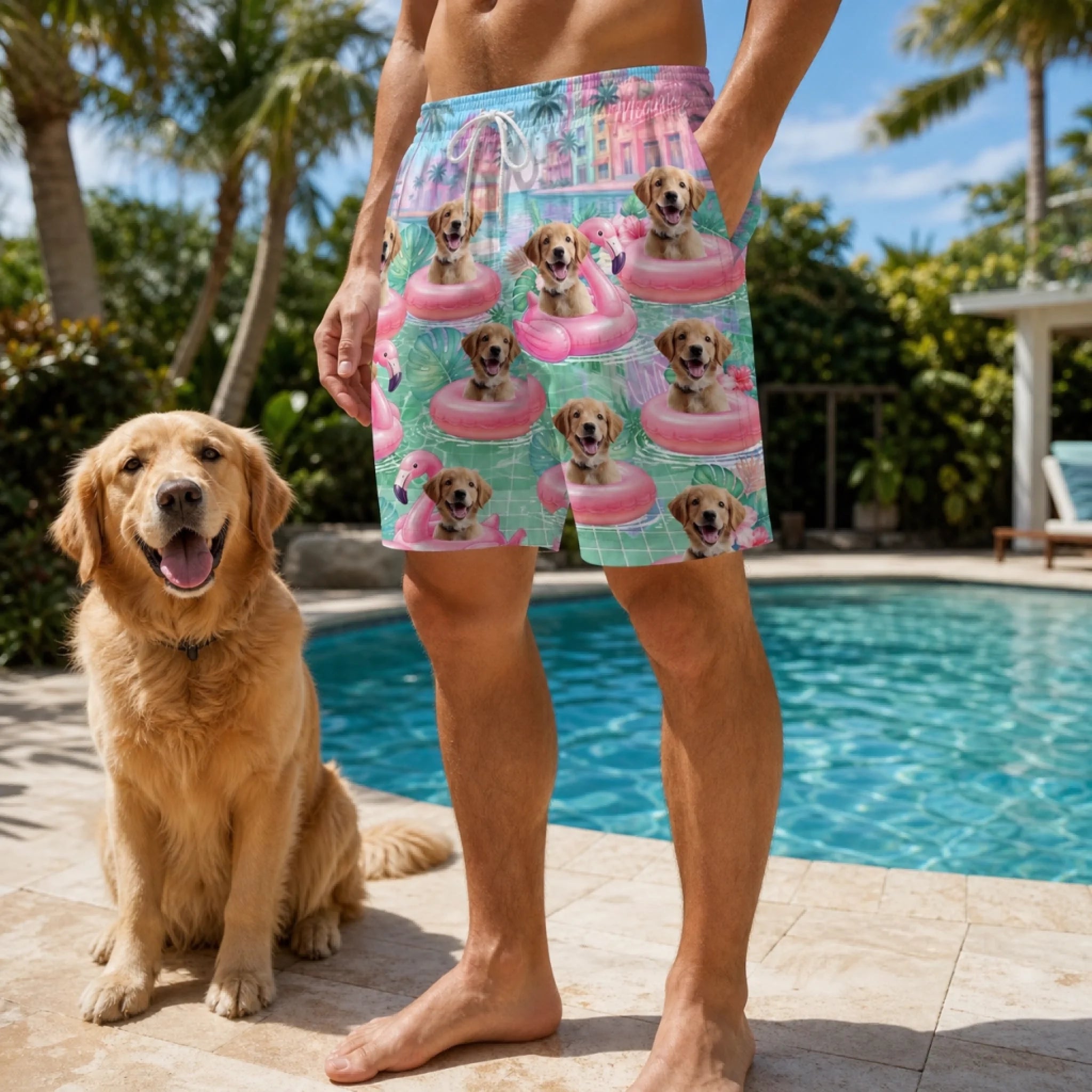 Custom Pet Photo Flamingo Beach Shorts – Personalized Dog & Cat Tropical Swim Trunks, Summer Vacation Gift for Pet Owners