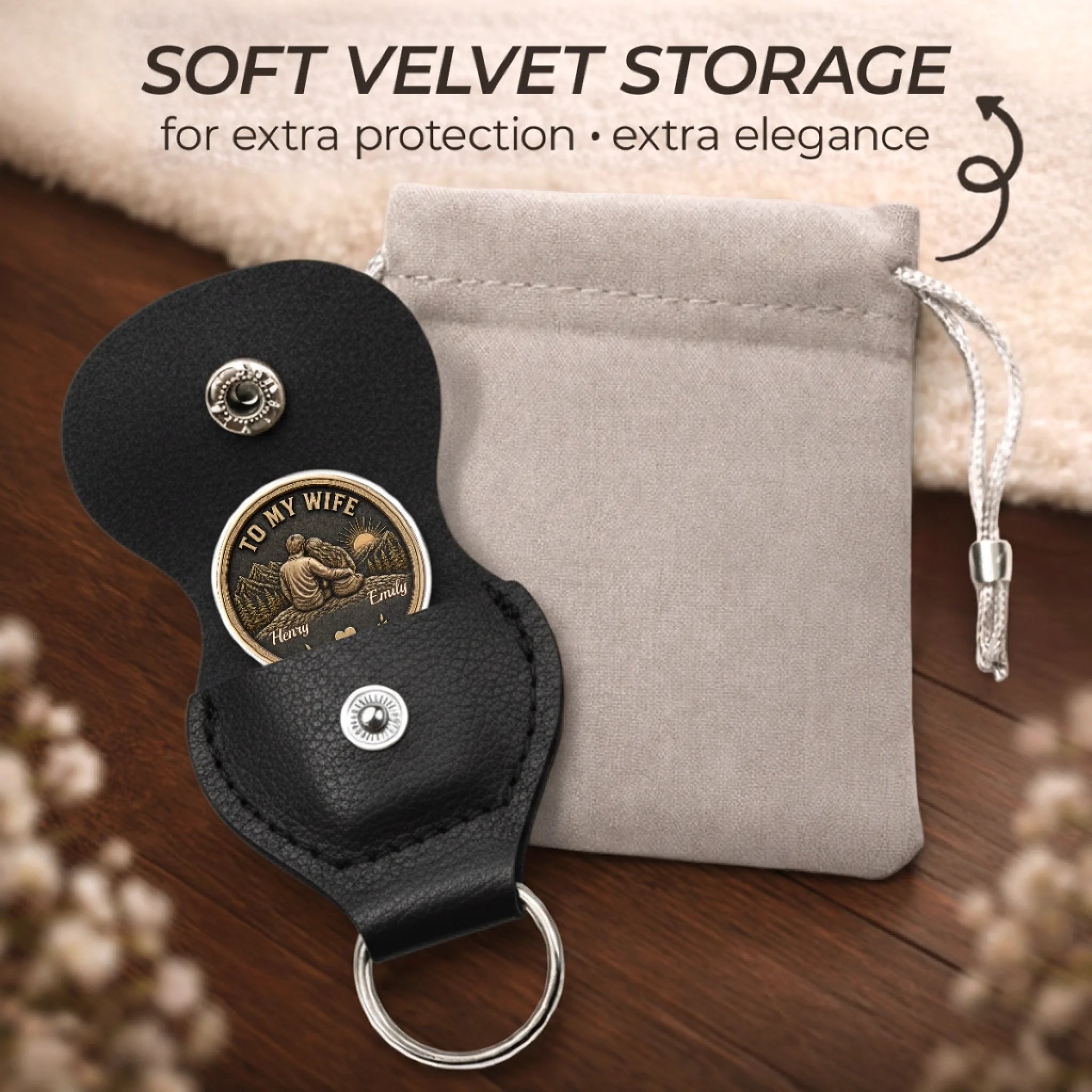 Personalized Pocket Hug Love Token Keychain with Couple Names – Anniversary & Wedding Gift for Husband or Wife