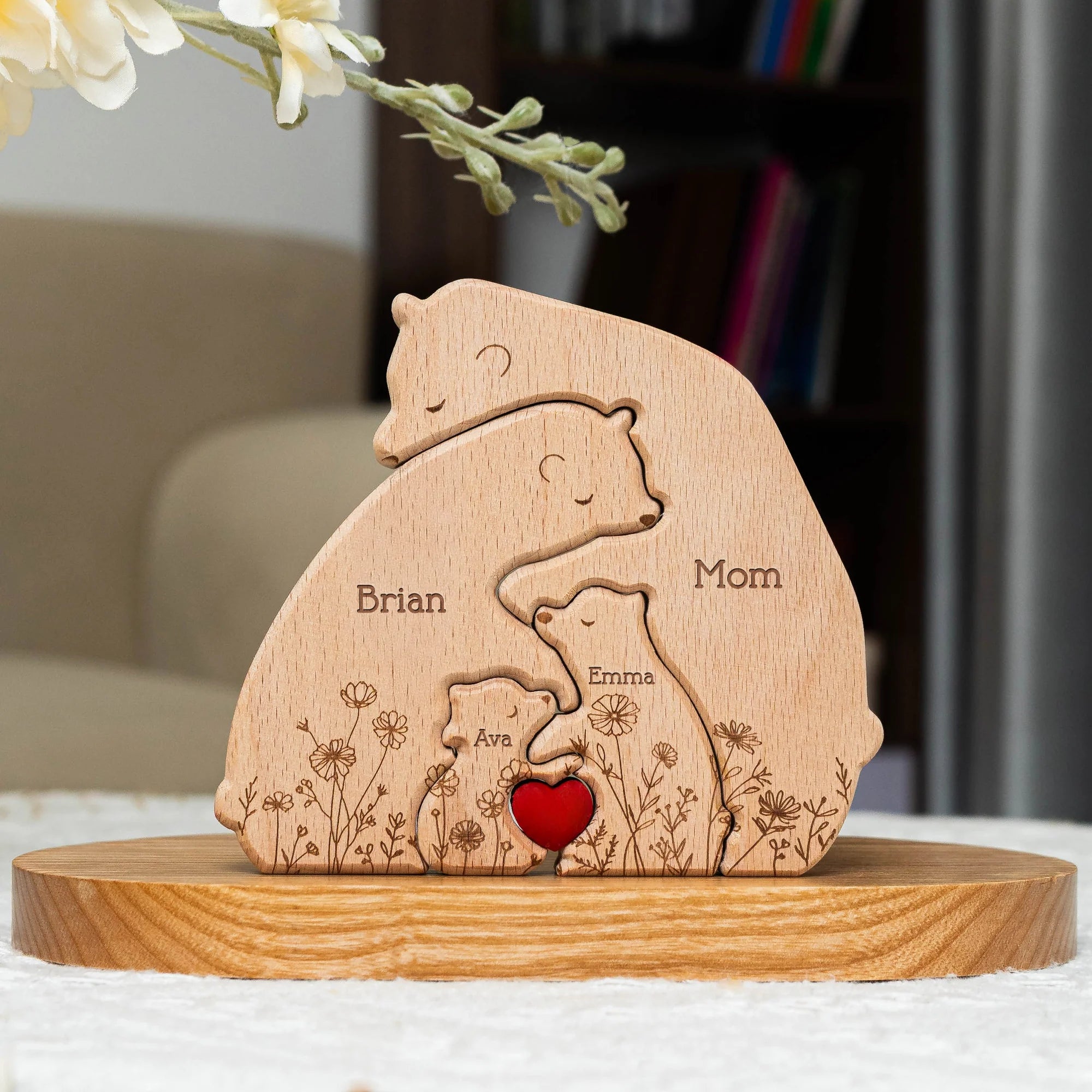Hugging Bear Family Floral Version - Personalized Wooden Bear Family Puzzle, Gift For Mom