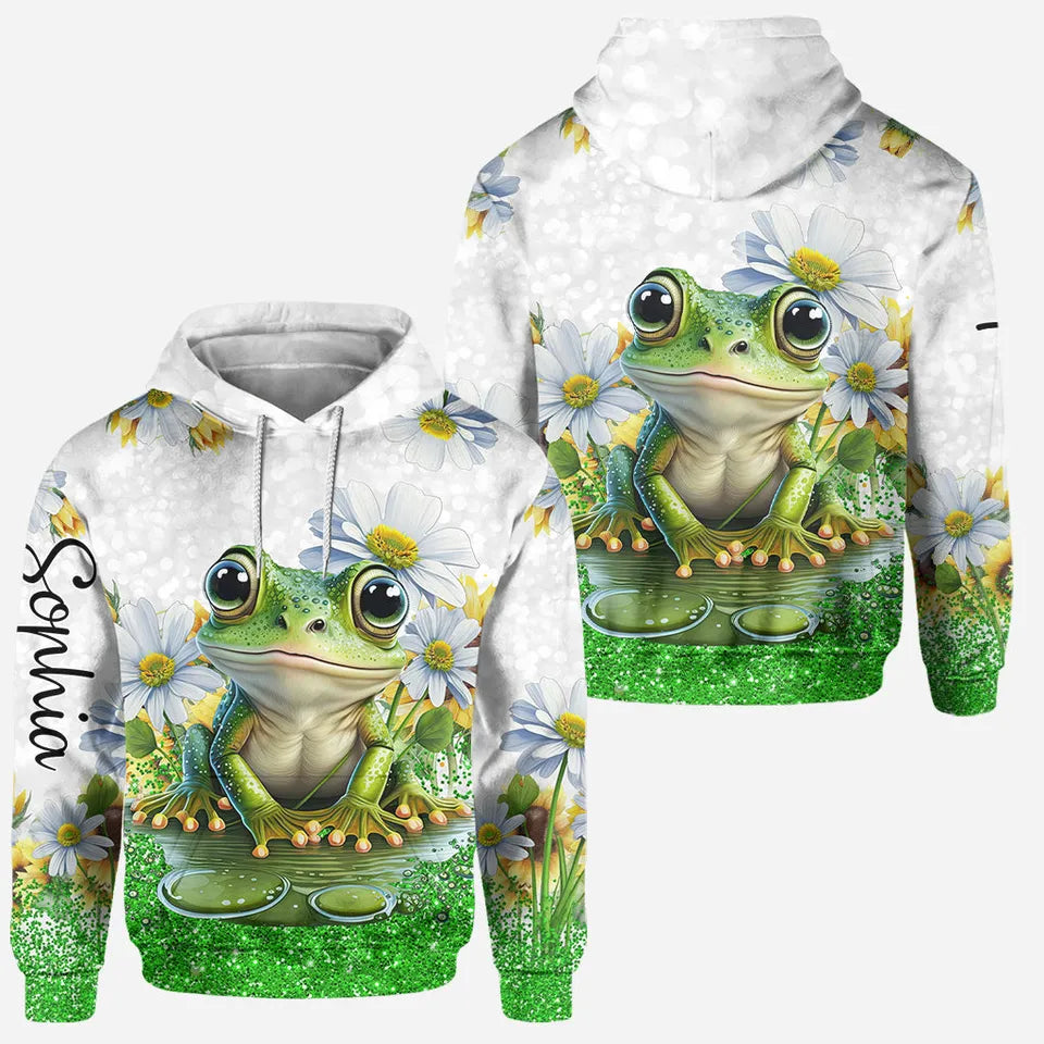 Custom Cute Frog & Daisy Hoodie & Leggings Set - Personalized Green Glitter Outfit, Gift for Frog Lover