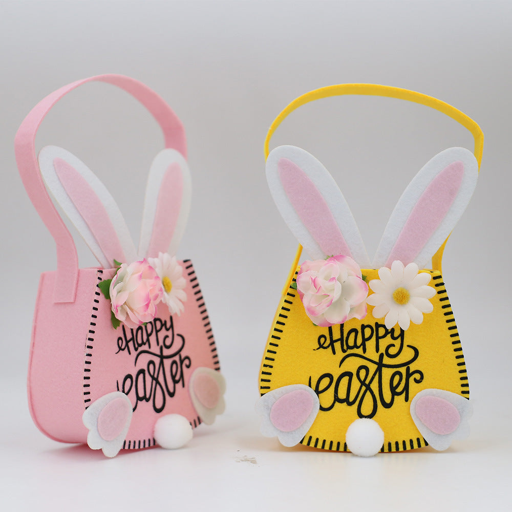 Happy Easter Bunny Felt Basket - Cute Rabbit Ears Design with Flowers for Egg Hunting