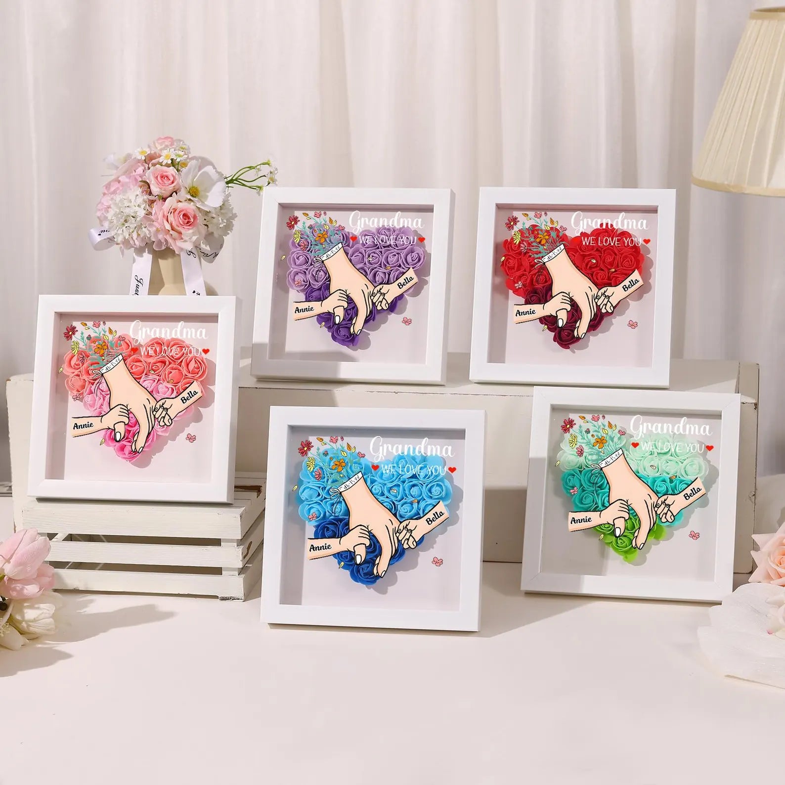 Custom Holding Hands Flower Shadow Box - Personalized "We Love You" Gift with Kids Names for Mother's Day