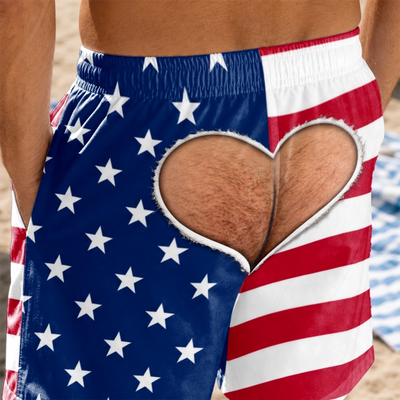 Custom Funny Men’s Swim Trunks with Heart Cutout Illusion – Birthday & Beach Vacation Gift for Him