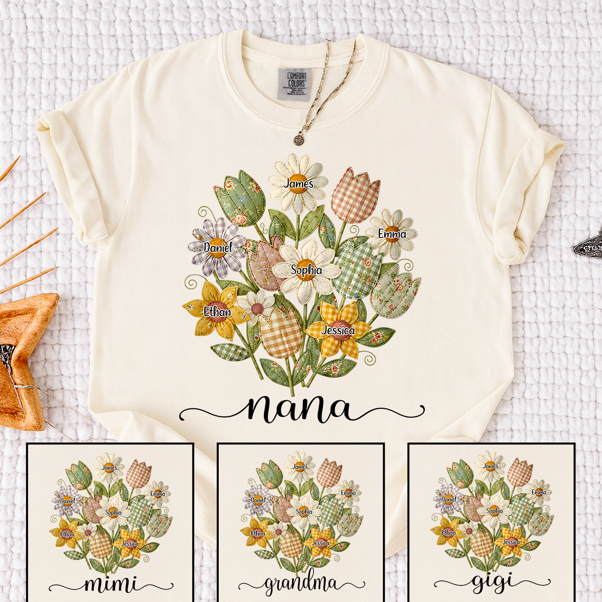 Personalized Nana T-Shirt – Custom Flower Bouquet Design with Grandkids‘ Names, Grandma Gift for Nana
