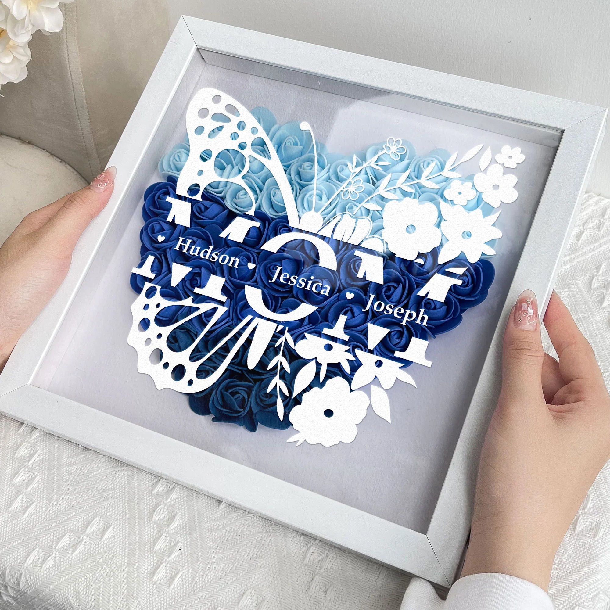 Custom Butterfly Mom Flower Shadow Box with Children Names - Personalized Mother's Day Gift