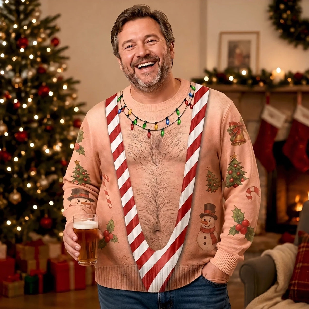 Custom Funny Men Ugly Christmas Sweatshirt‑Personalized "Rocking Candy Cane Mankini Today" Crewneck, Novelty Muscle Body Mankini Illusion Holiday Gift for Husband, Dad, Son, Grandpa, Yourself