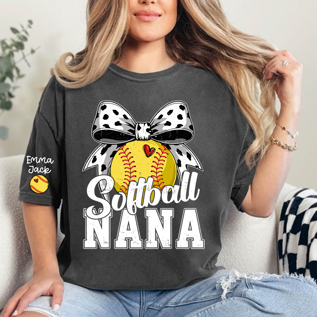 Personalized Softball NANA T-Shirt - Custom Grandkids Names Sleeve, Gift for Softball NANA/Grandma