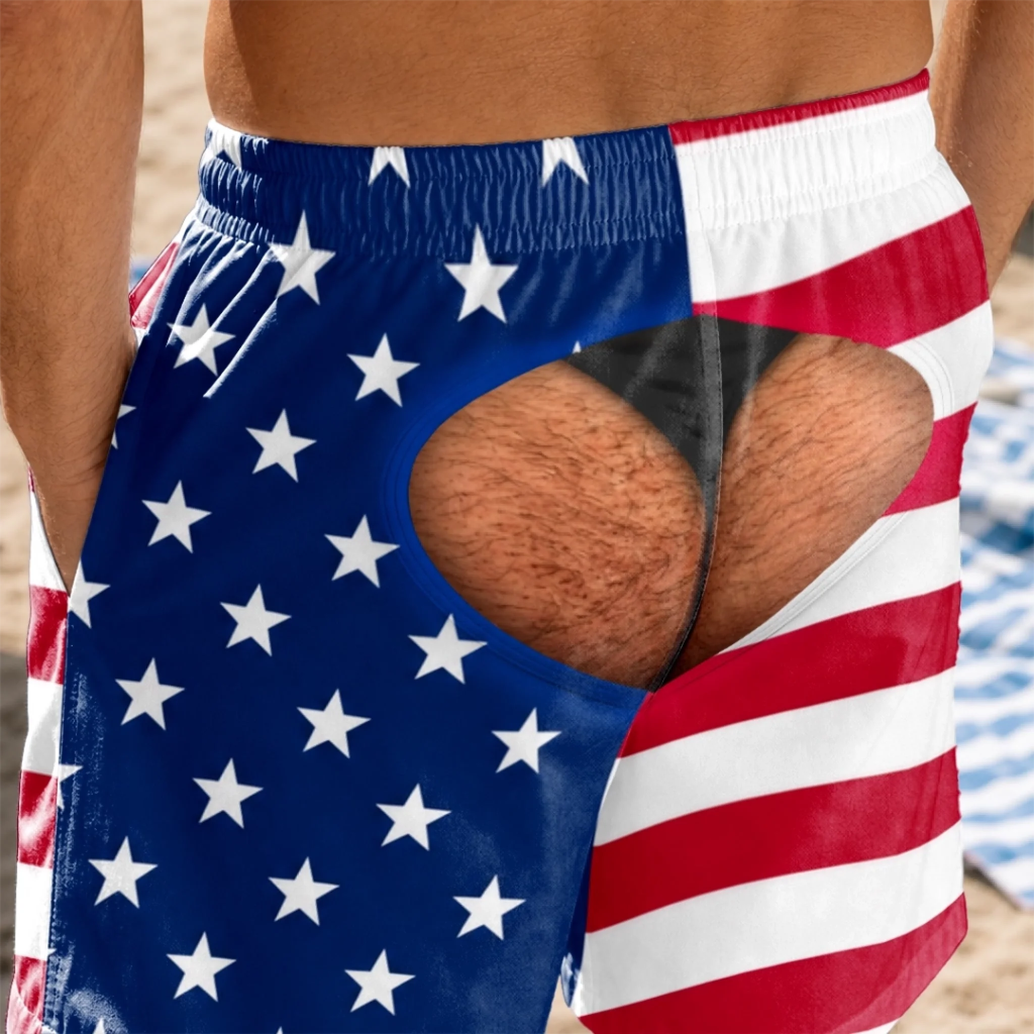 Custom Funny Men’s Swim Trunks with Underwear Rear View Illusion – Birthday & Beach Vacation Gift for Him