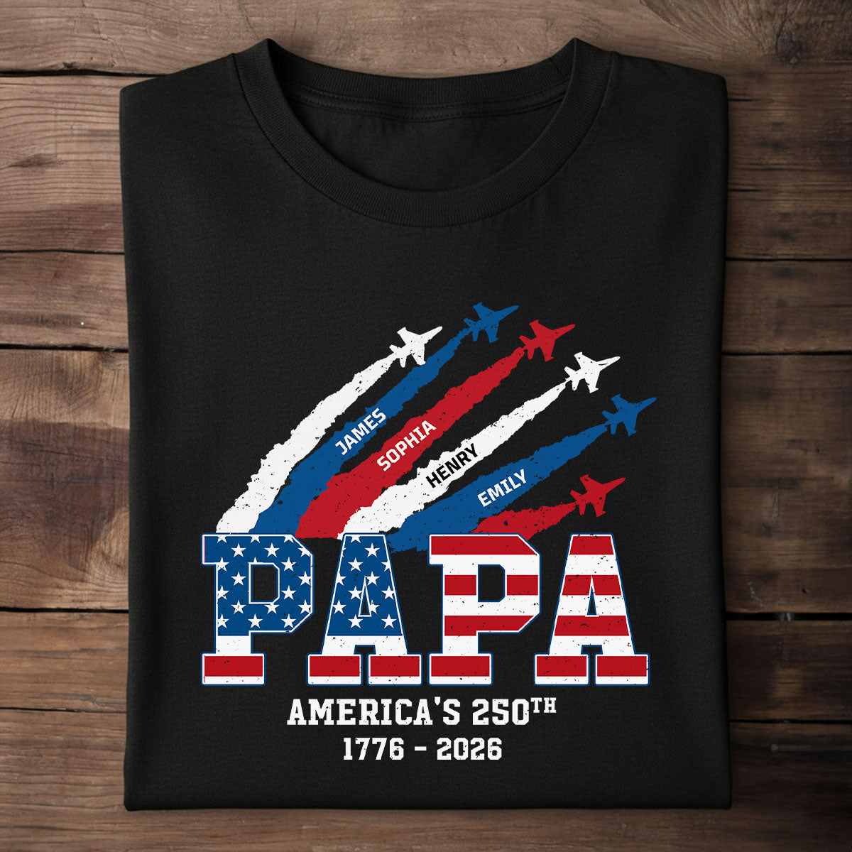 Personalized America's 250th Anniversary Papa Shirt - Patriotic Airplane Trail T-Shirt with Grandkids Names, Custom Dad/Grandpa 4th of July Tee