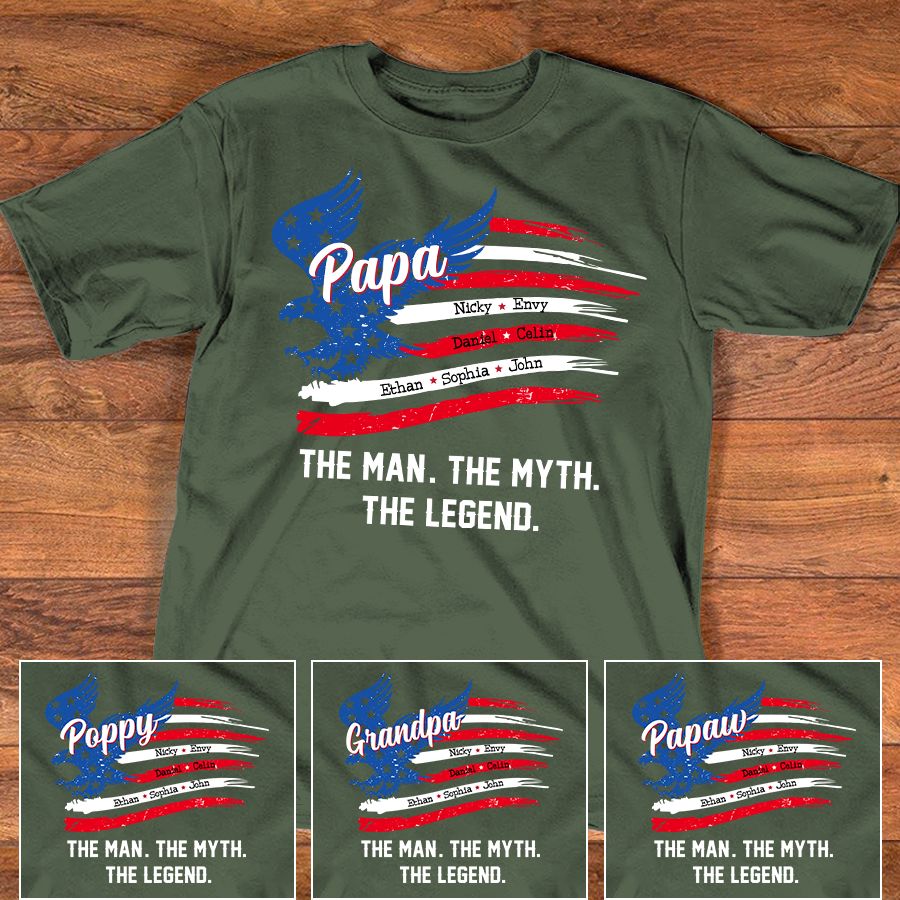 Papa The Man The Myth The Legend Custom T-Shirt – Personalized American Flag Eagle Tee with Kids Names, Father’s Day Gift for Grandpa