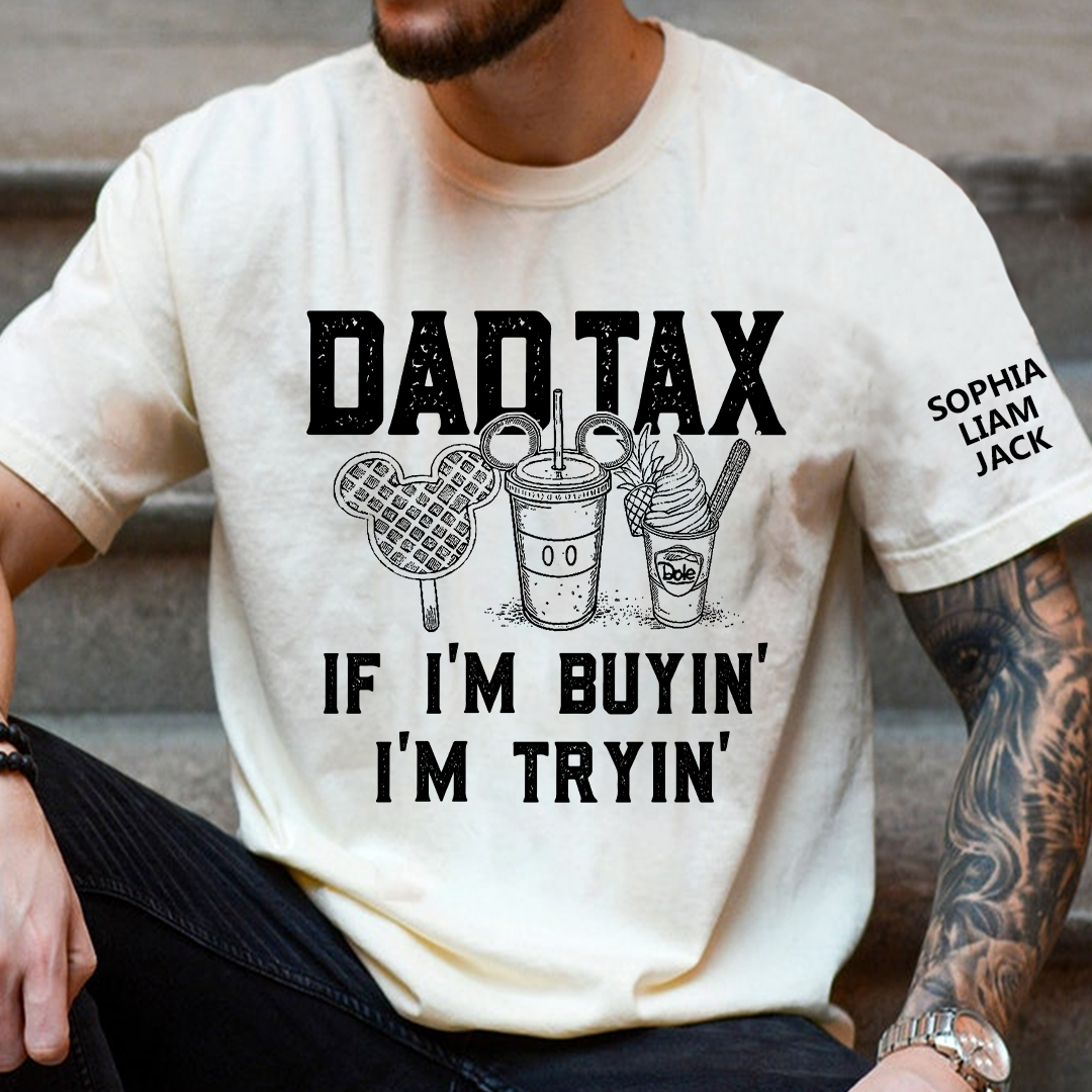 Custom "Dad Tax" Snacks T-Shirt - Personalized Kids Names Sleeve, Funny Dad Shirt