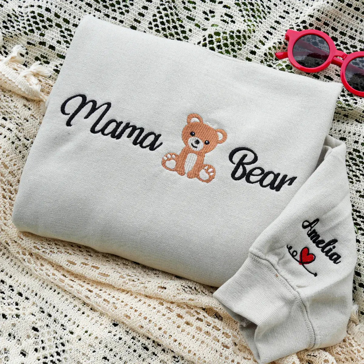 Custom Mama Bear Sweatshirt or Hoodie with Embroidered Kids Name on Sleeve