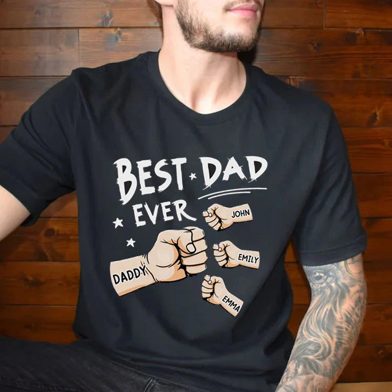 Personalized "Best Dad Ever" T-Shirt - Custom Kids Names Fist Bump Design, Father's Day Gift for Dad