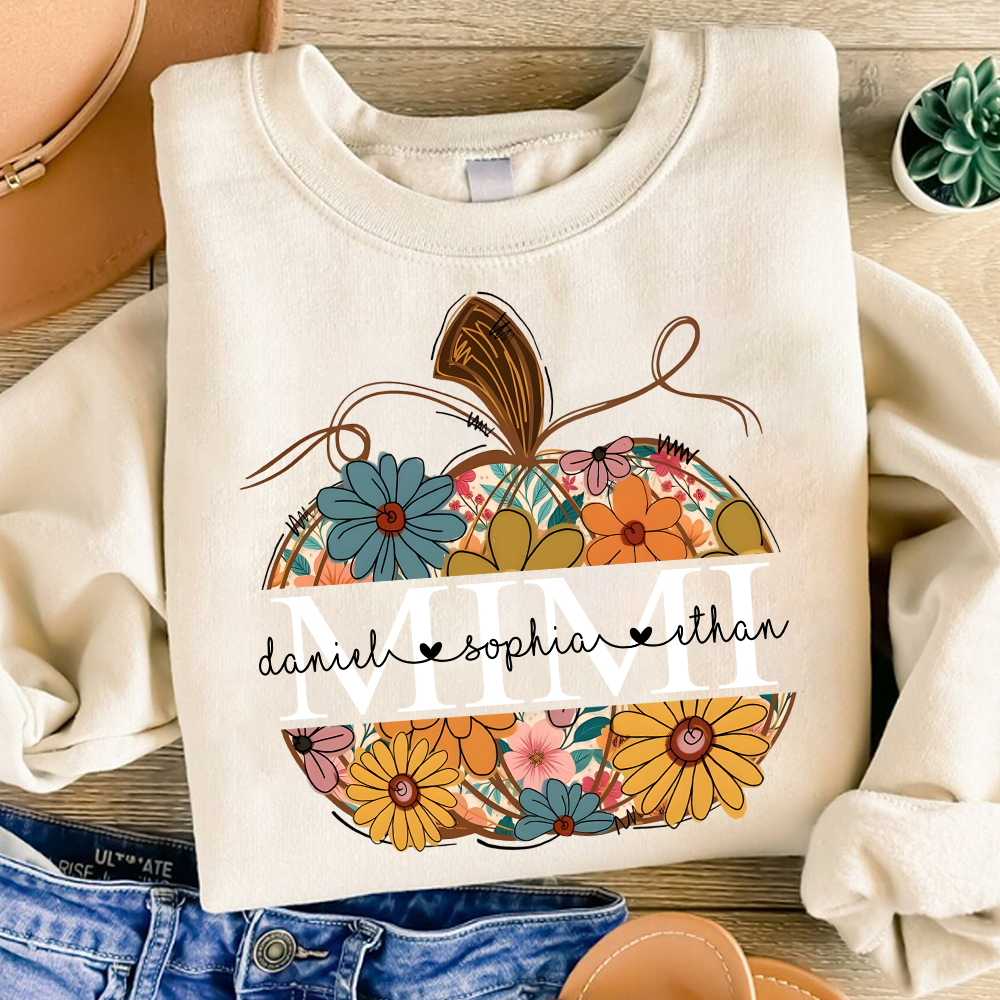 Custom Mimi Pumpkin Sweatshirt with Grandchildren Names – Personalized Floral Fall Shirt, Grandma Thanksgiving Gift for Women