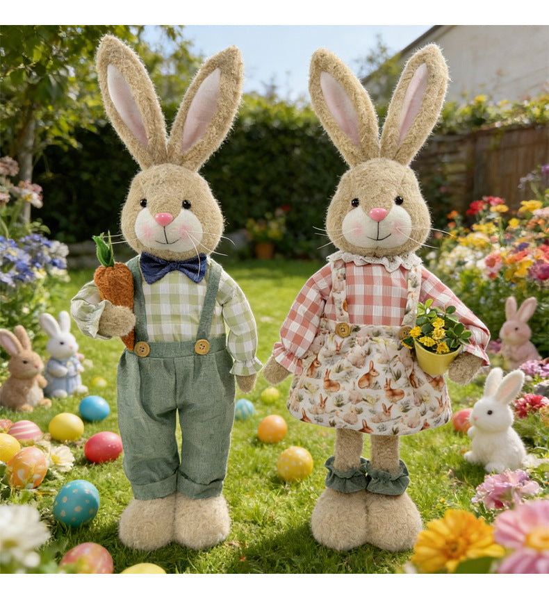 Easter Plush Bunny Gift - Standing Rabbit Figurines with Carrot & Flower Pot for Spring Decor