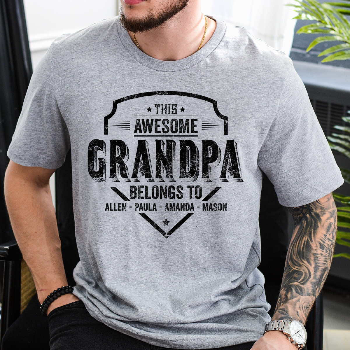 Personalized Vintage This Awesome Grandpa Belongs To T-Shirt – Custom Grandkids Names Retro Distressed Tee