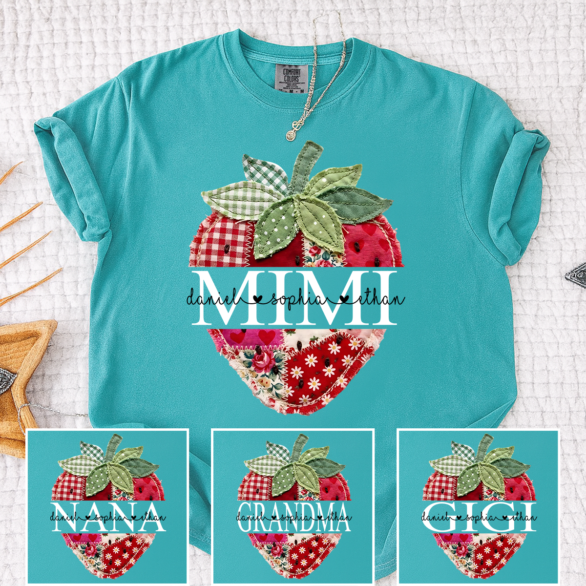 Personalized Patchwork Strawberry Mimi T-Shirt – Custom Grandkids Names Vintage Fruit Tee, Mother’s Day Gift for Grandma