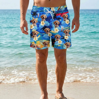 Custom Pet Photo Tropical Beach Shorts – Personalized Dog & Cat Hawaiian Swim Trunks, Summer Vacation Gift for Pet Owners