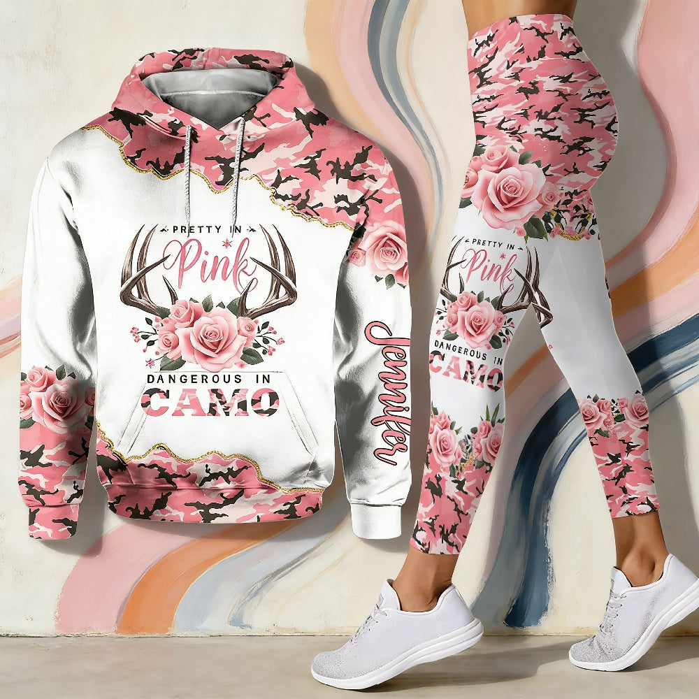 Personalized "Pretty in Pink, Dangerous in Camo" Hoodie & Leggings Set - Custom Pink Camo Rose Outfit