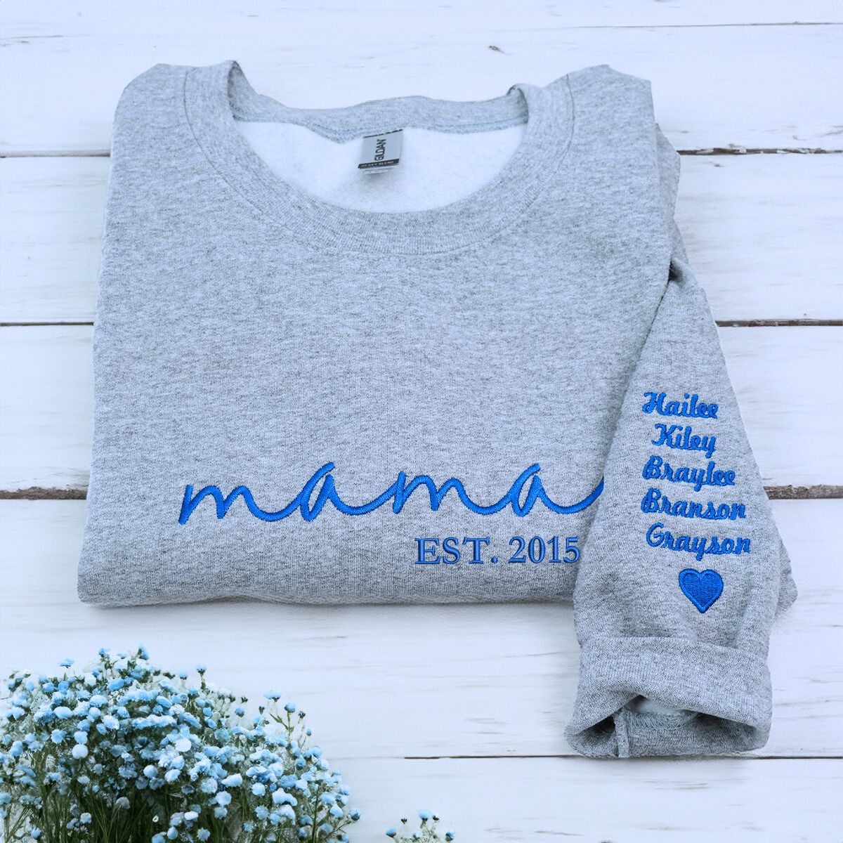 Personalized Mama Sweatshirt or Hoodie with Kids Names on Sleeve, Custom Embroidered Gift for Mother's Day